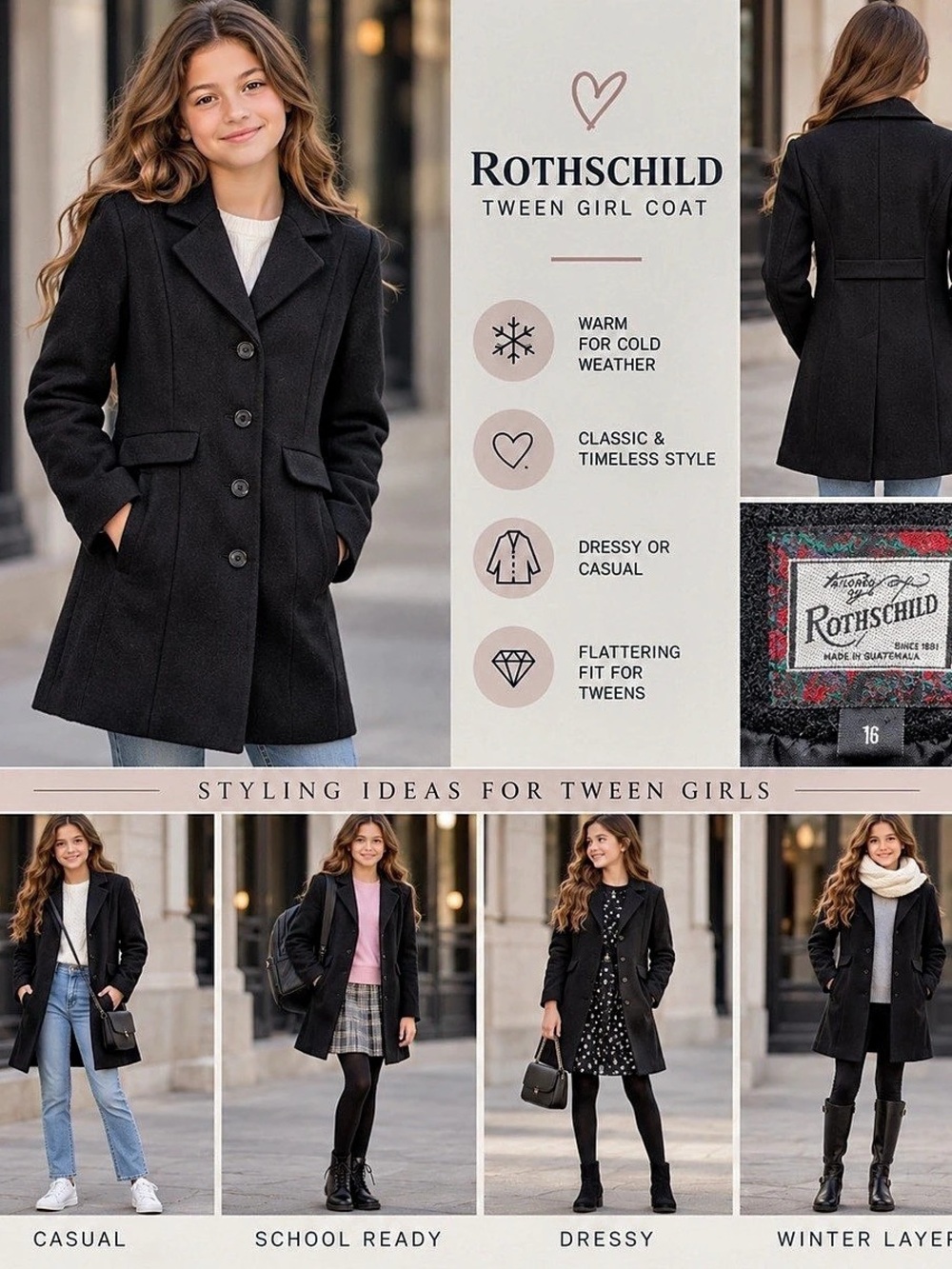 Rothschild Tween Girl Wool Blend Pea Coat Black Girls Size 16